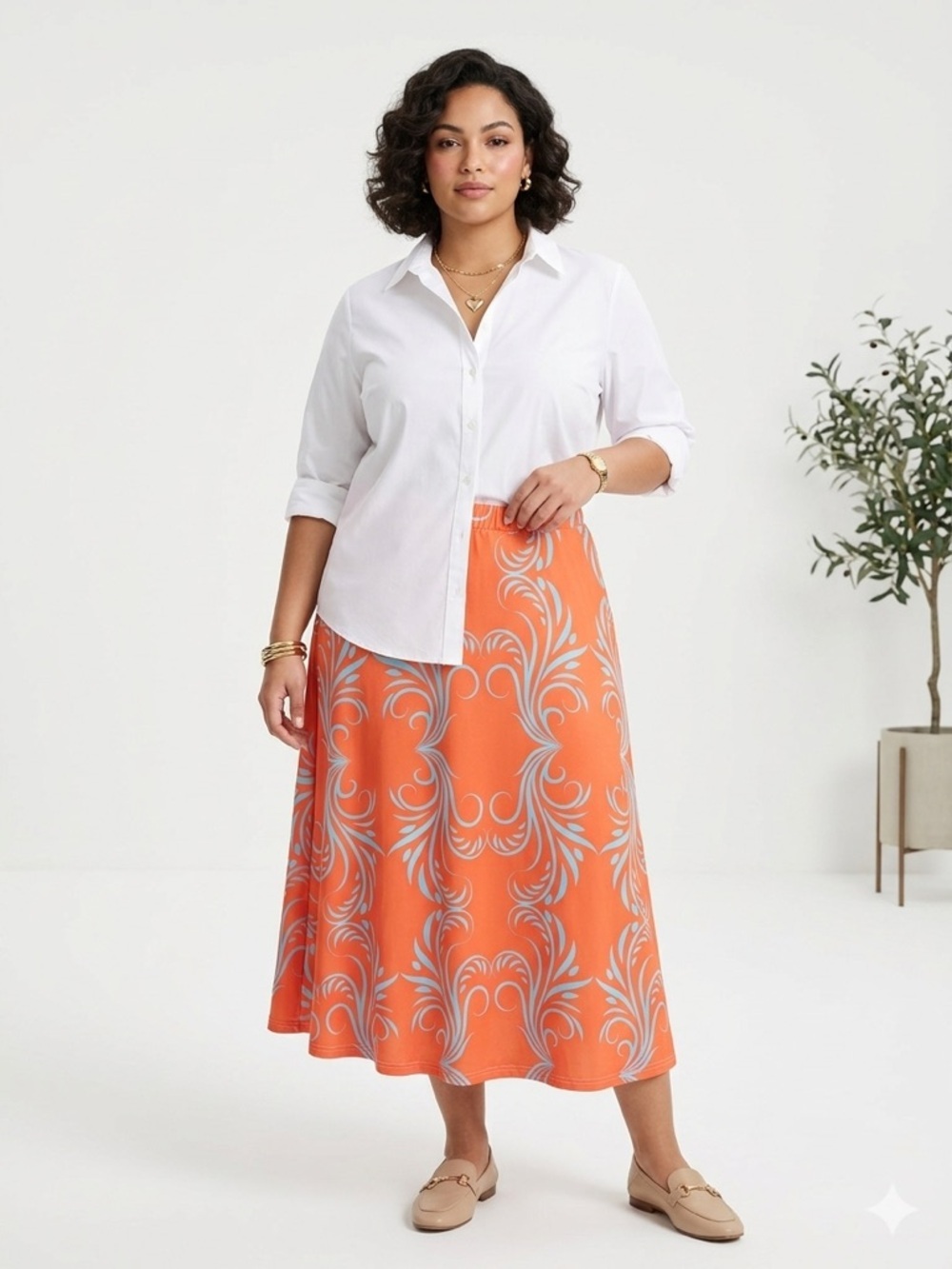 Coral Turquoise Scroll Print Midi Skirt Elastic Waist A-Line Boho Retro 2X